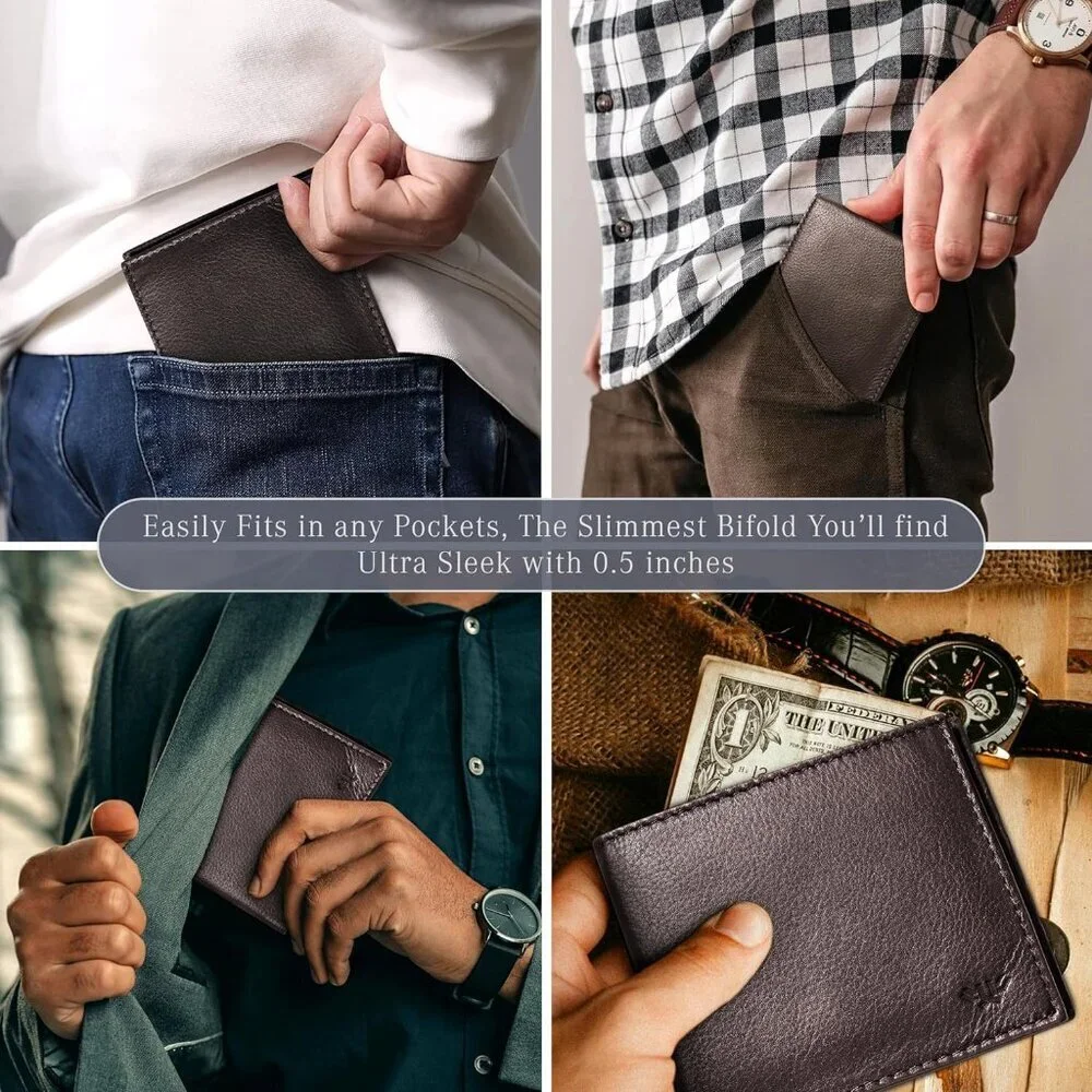 Men's Fashion Genuine Leather Bifold Chocolate Wallet Card Stylish Blocking